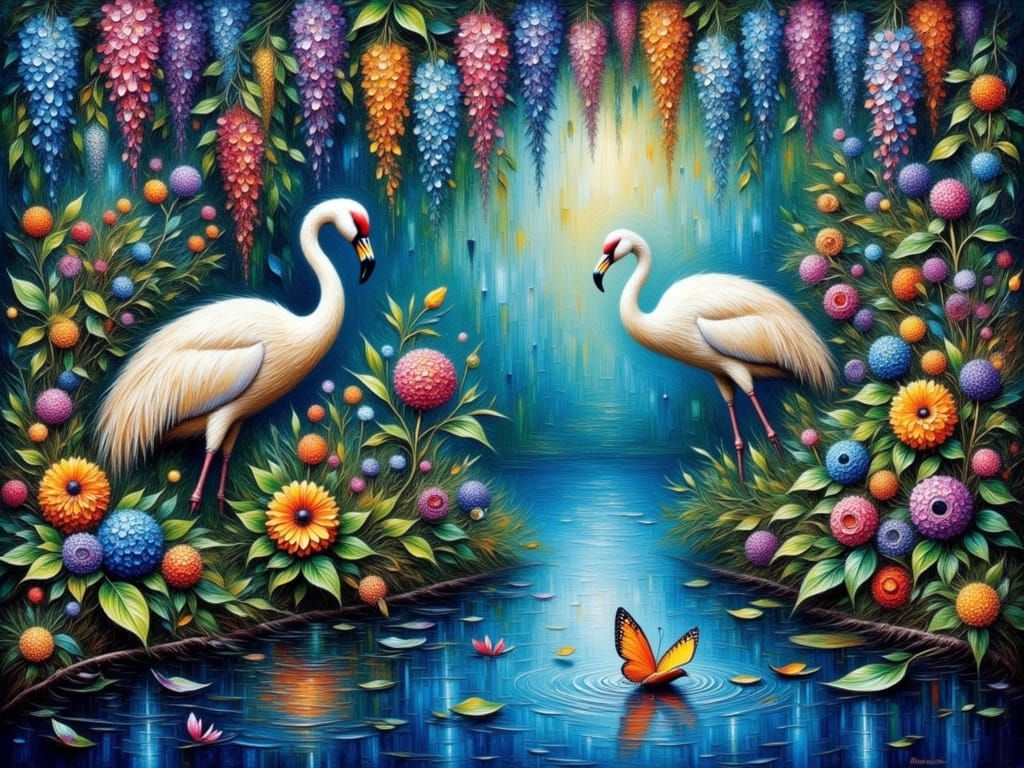 Secret Garden with Cranes and Gemstones