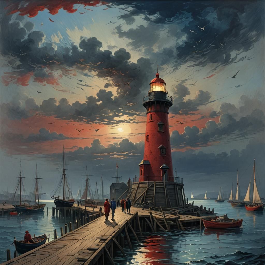 Lighthouse on Pier with Sailboats in Dark Style