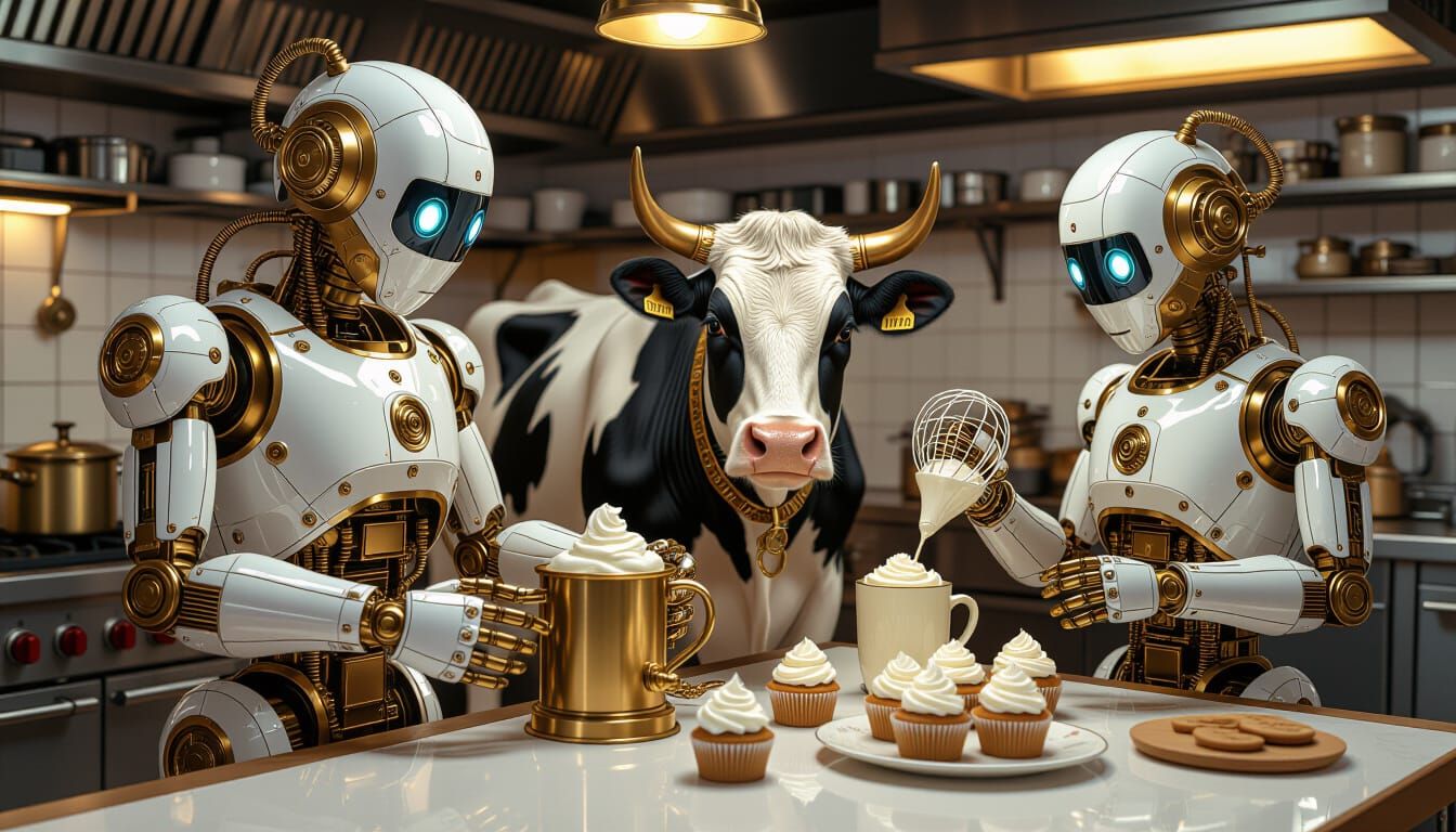 Steampunk Robots Prepare Creamy Cupcakes in a Kitchen