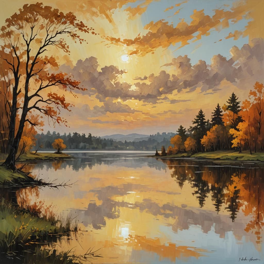 Golden Sky Reflection: Impasto Oil Painting Landscape