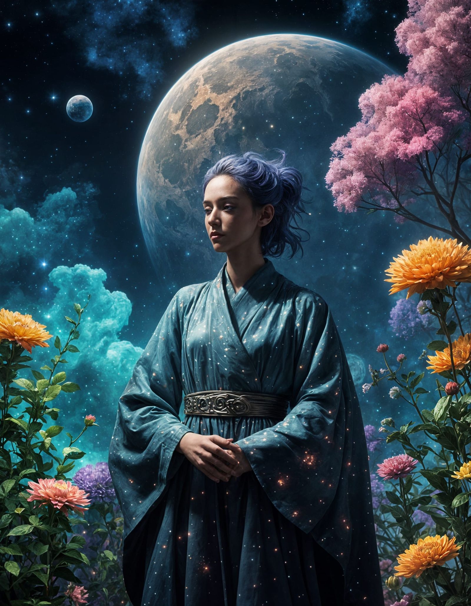 Cosmic Herbalist Tending Starlight Plants in Nebula Garden