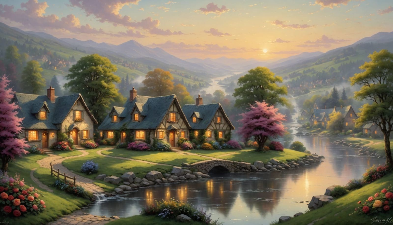 Serene Village Landscape Painting at Sunset