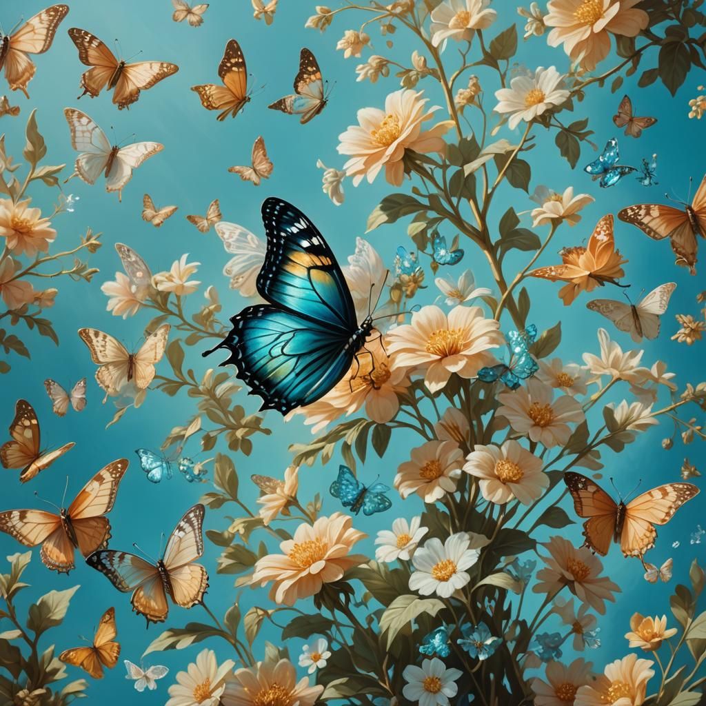 Iridescent Butterfly in Turquoise Sky, Oil Painting