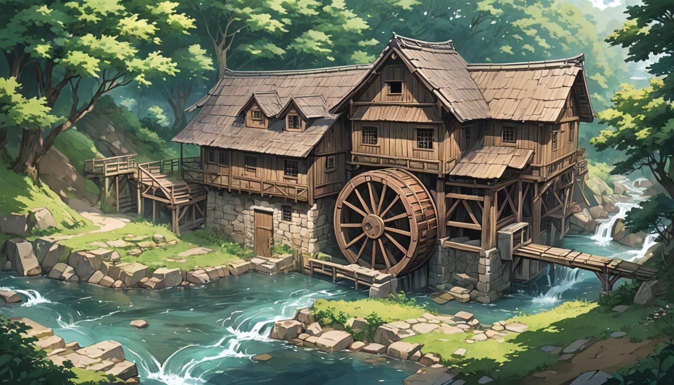 Anime Style Water Mill Digital Art