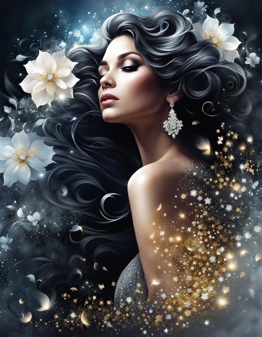 Glittering Floral Girl in Art Noir Style