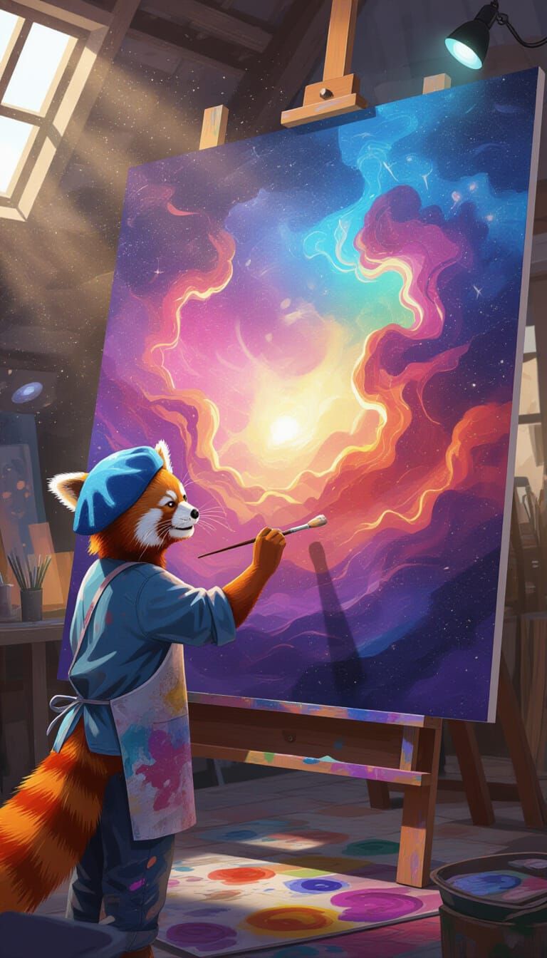 Red Panda Artist Paints Cosmic Landscape in Expressive Water...