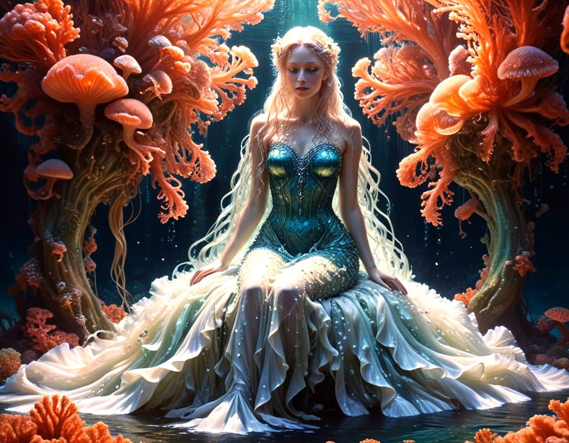 Surreal Mermaid Queen on Coral Throne