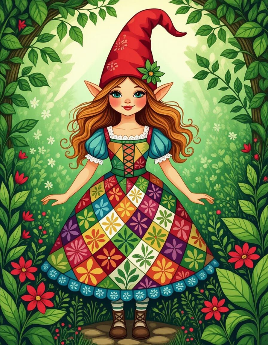 Gnome Woman in Quilted Dress, Folk Art Style