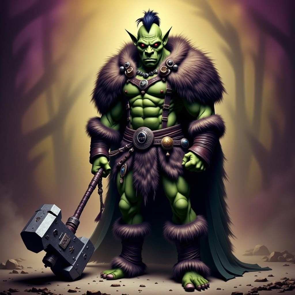 An Orc male. he has wild red eyes. he has a furry cloak that...