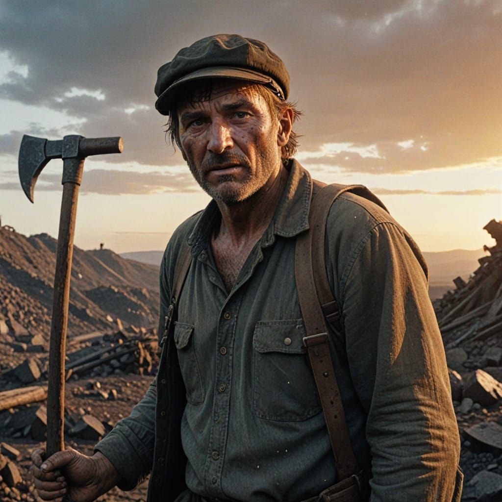 Weary Miner Grasps Pickaxe in Tainted Earthly Landscape