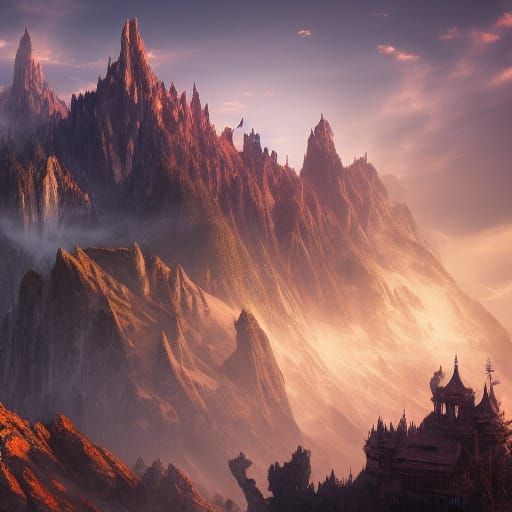 Majestic Mountain Fortress in Detailed Matte Painting