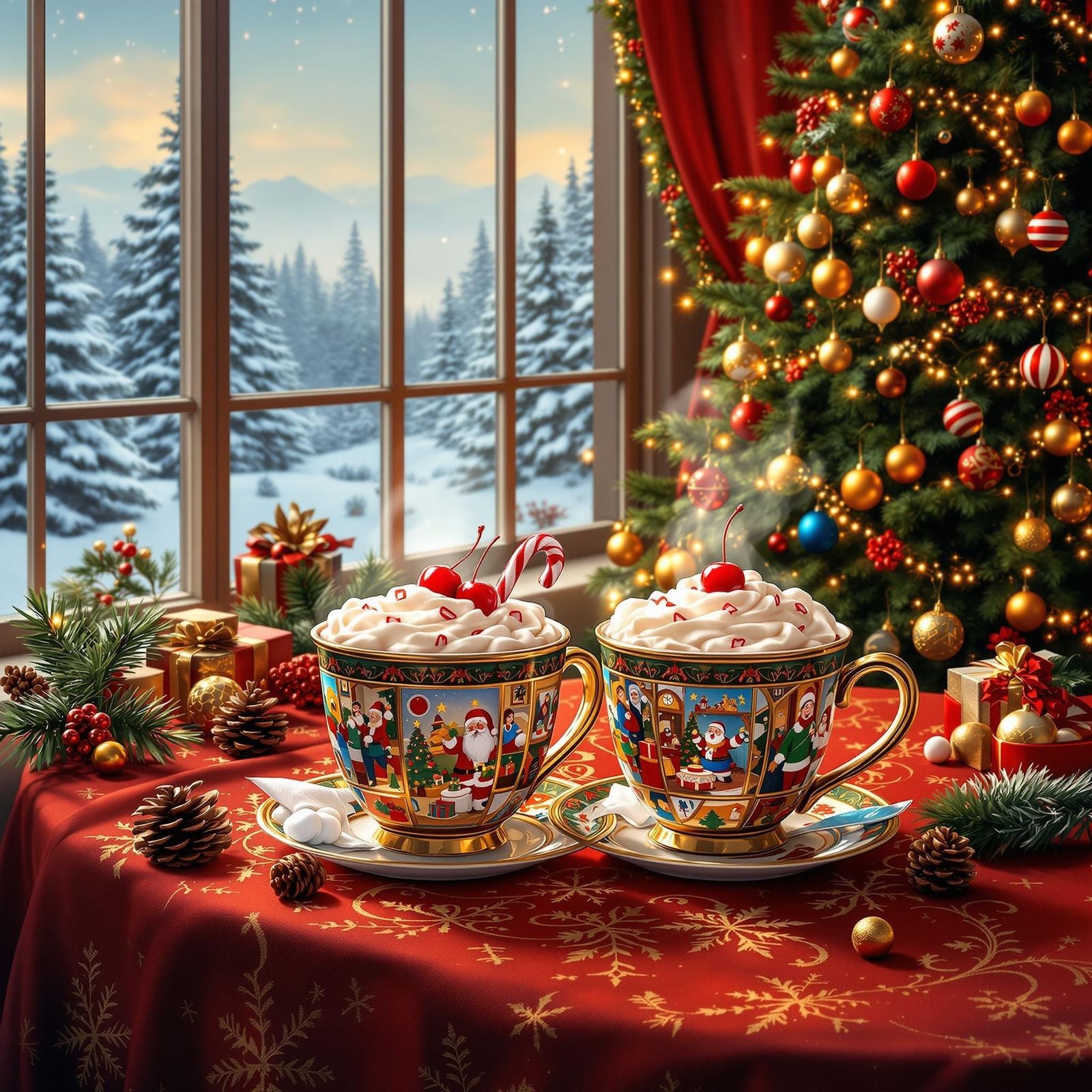 Cozy Winter Wonderland with Richly Decorated Christmas Scene