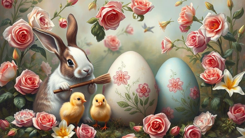 Fantasy Easter Scene with Rabbits and Chicks as Oil Painting
