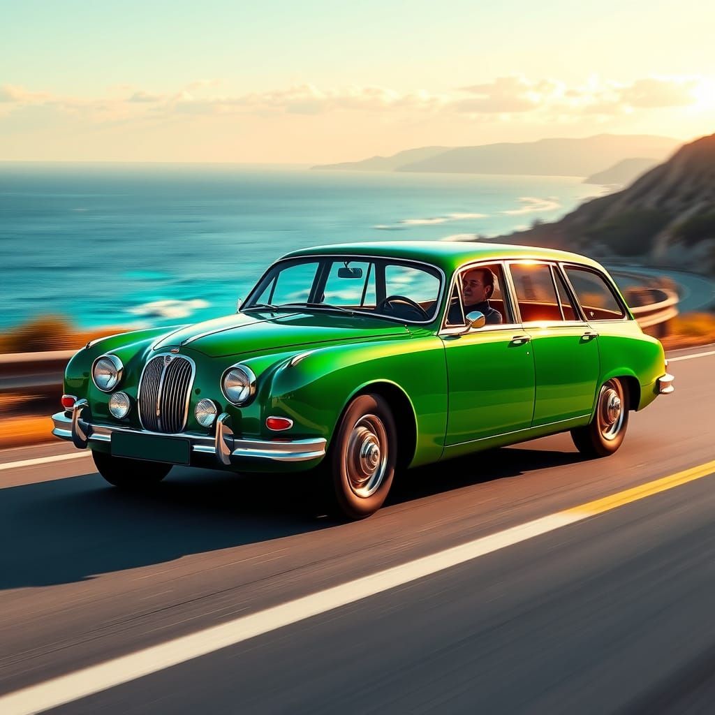 Jaguar Station Wagon on Coastal Road in Splash Art