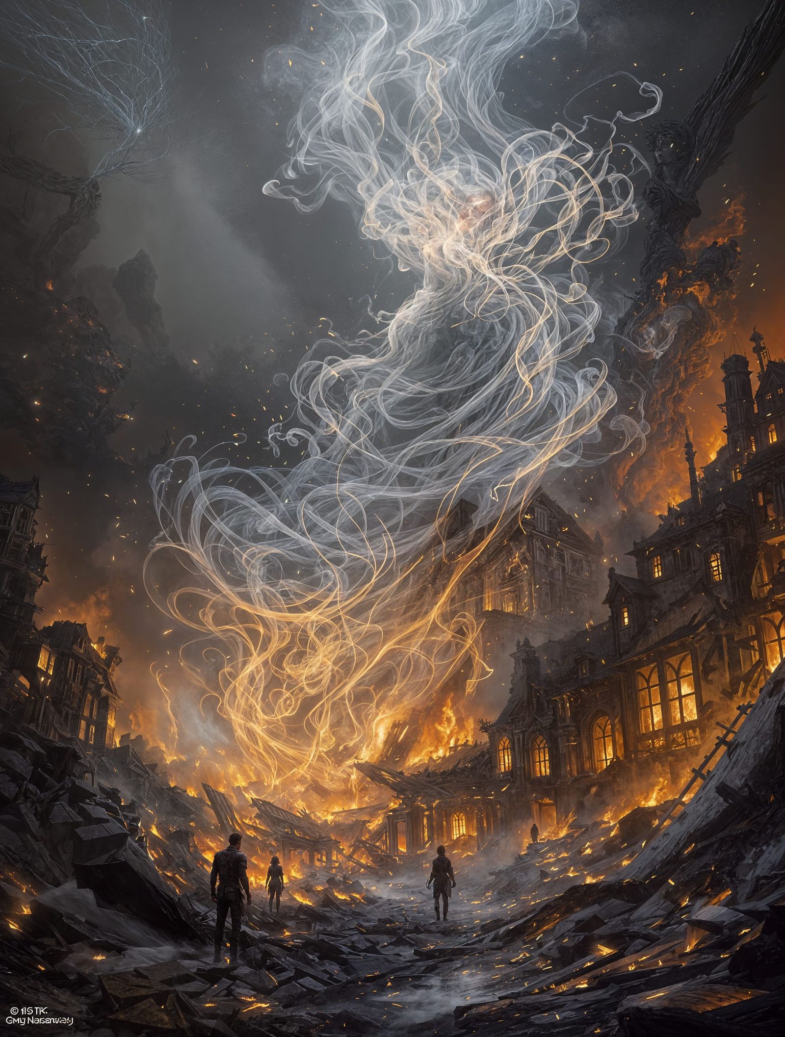 Ethereal Smoke Spirit Amidst Fiery Ruins