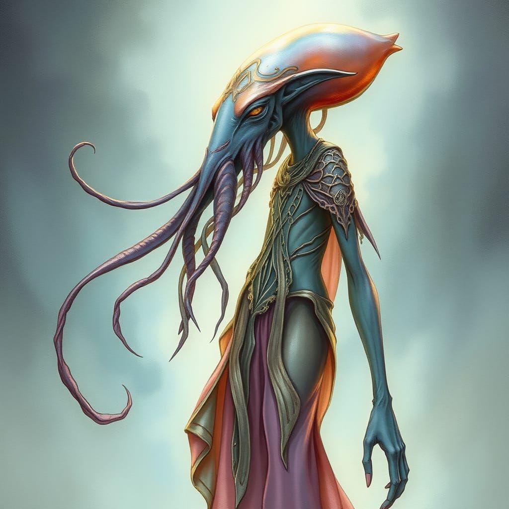 Ethereal Squid-Elf Hybrid in Watercolor Style