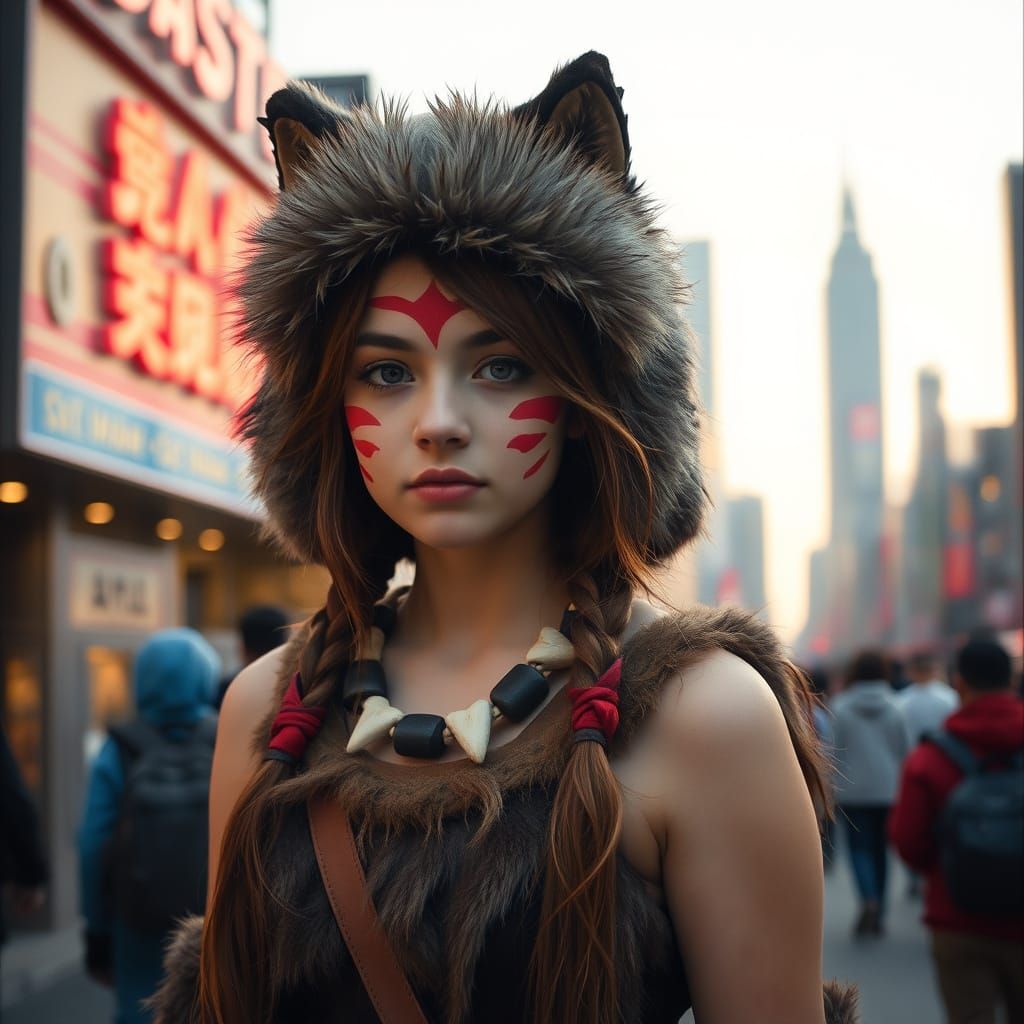 Cosplayer as San from Princess Mononoke in Golden Hour Citys...