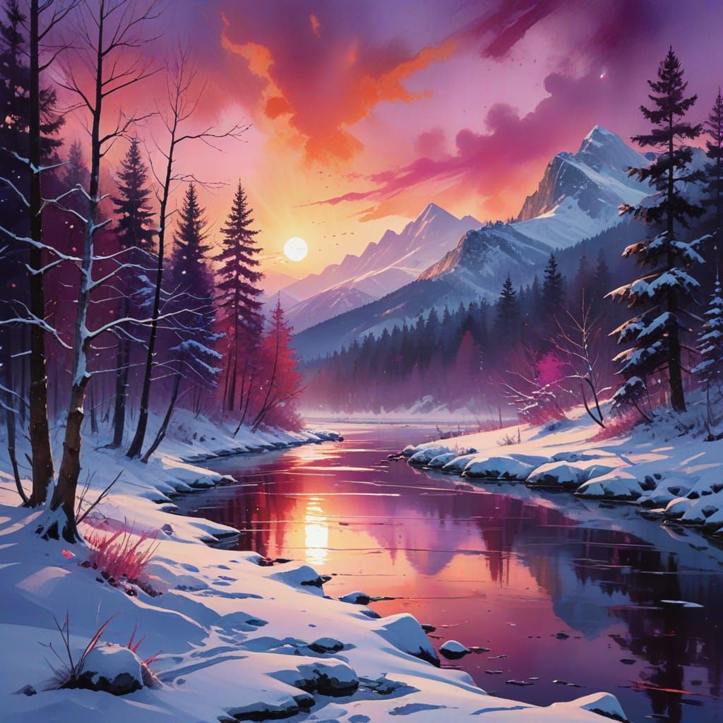 Ethereal Winter Sunset Over a Snowy Forest