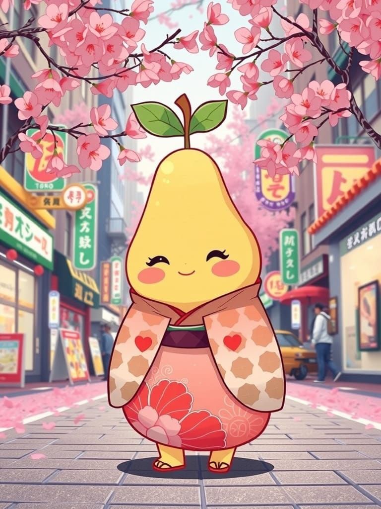 Kawaii Pear in Kimono, Tokyo Street Scene