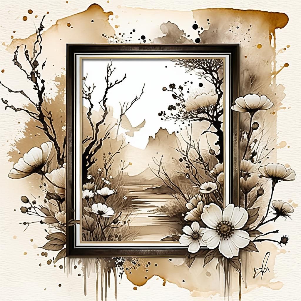 Sepia Ink Wash Painting of Sci-Fi Floral Frame
