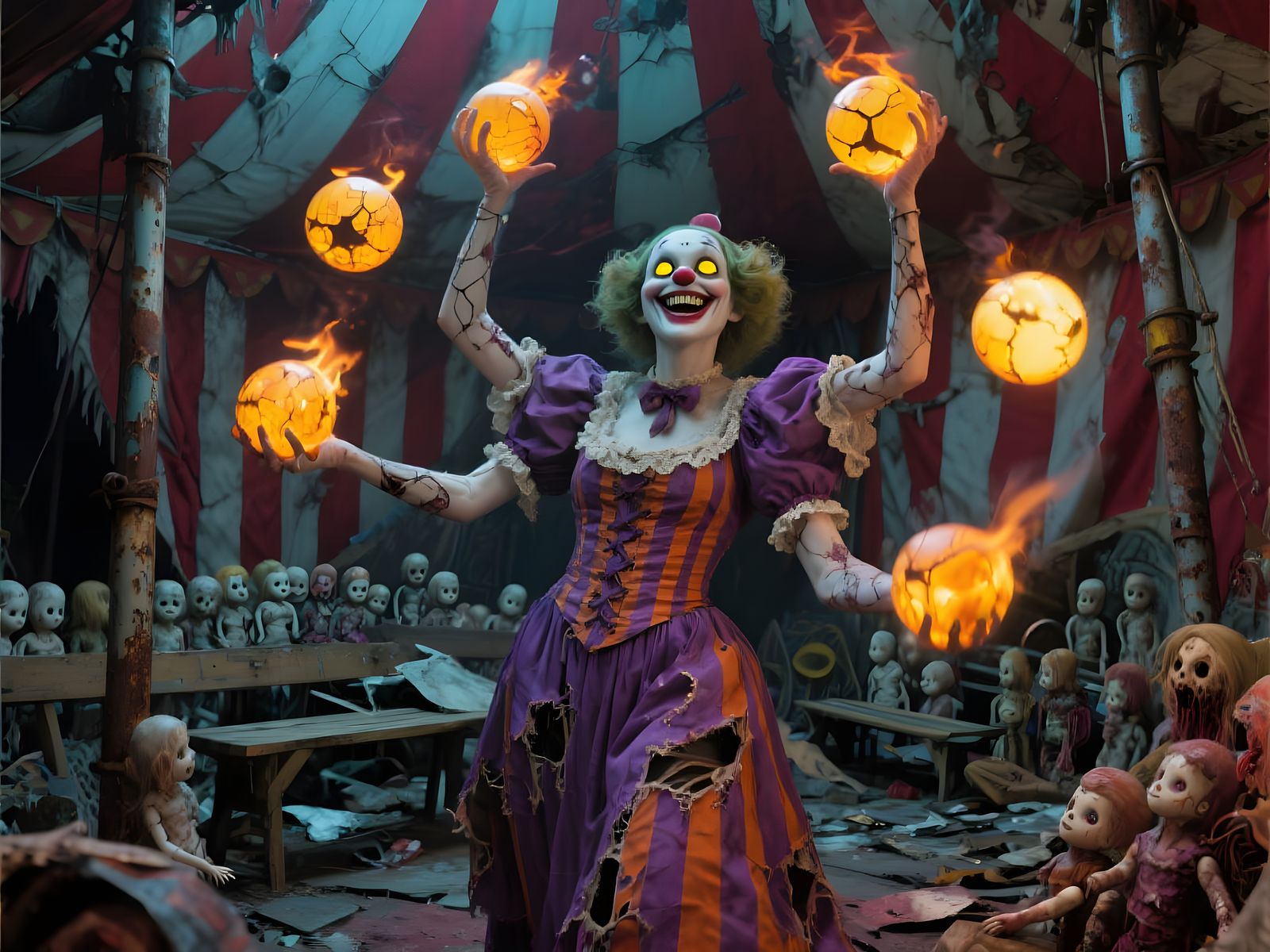 Spectral Clown Juggling Flaming Balls, Oil Painting