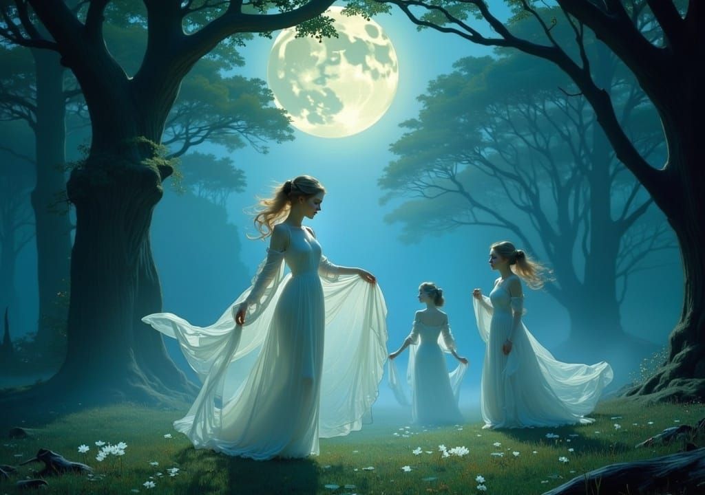 Ethereal Will-o'-the-Wisps Dance in Art Nouveau Glade