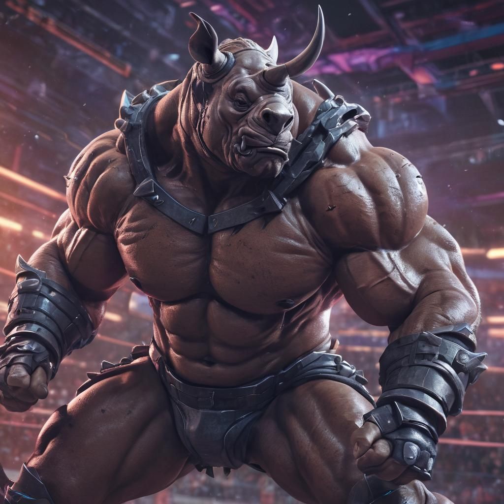 Rhino Gladiator Superhero in Futuristic Arena, Anime Art