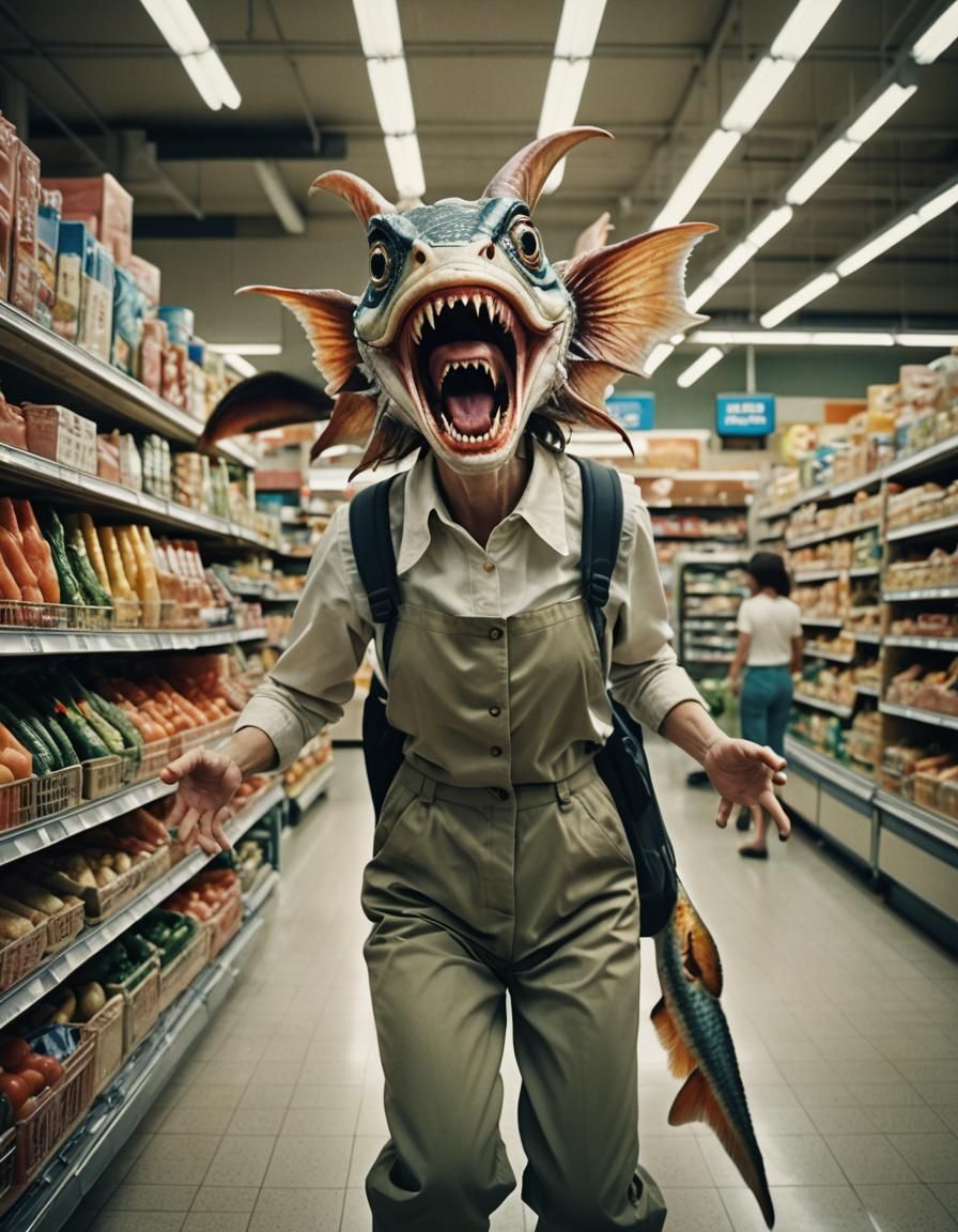 Surreal Fish-Woman's Surprise in Supermarket, Photorealistic