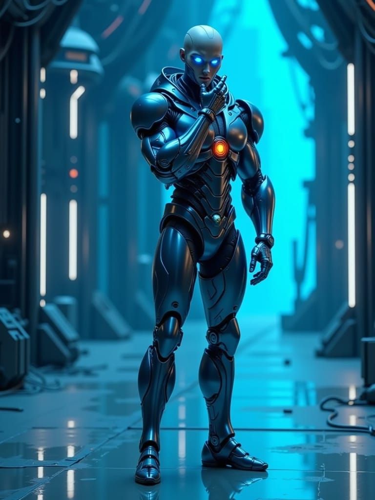 Futuristic Cyborg with Glowing Eyes and Intricate Circuitry