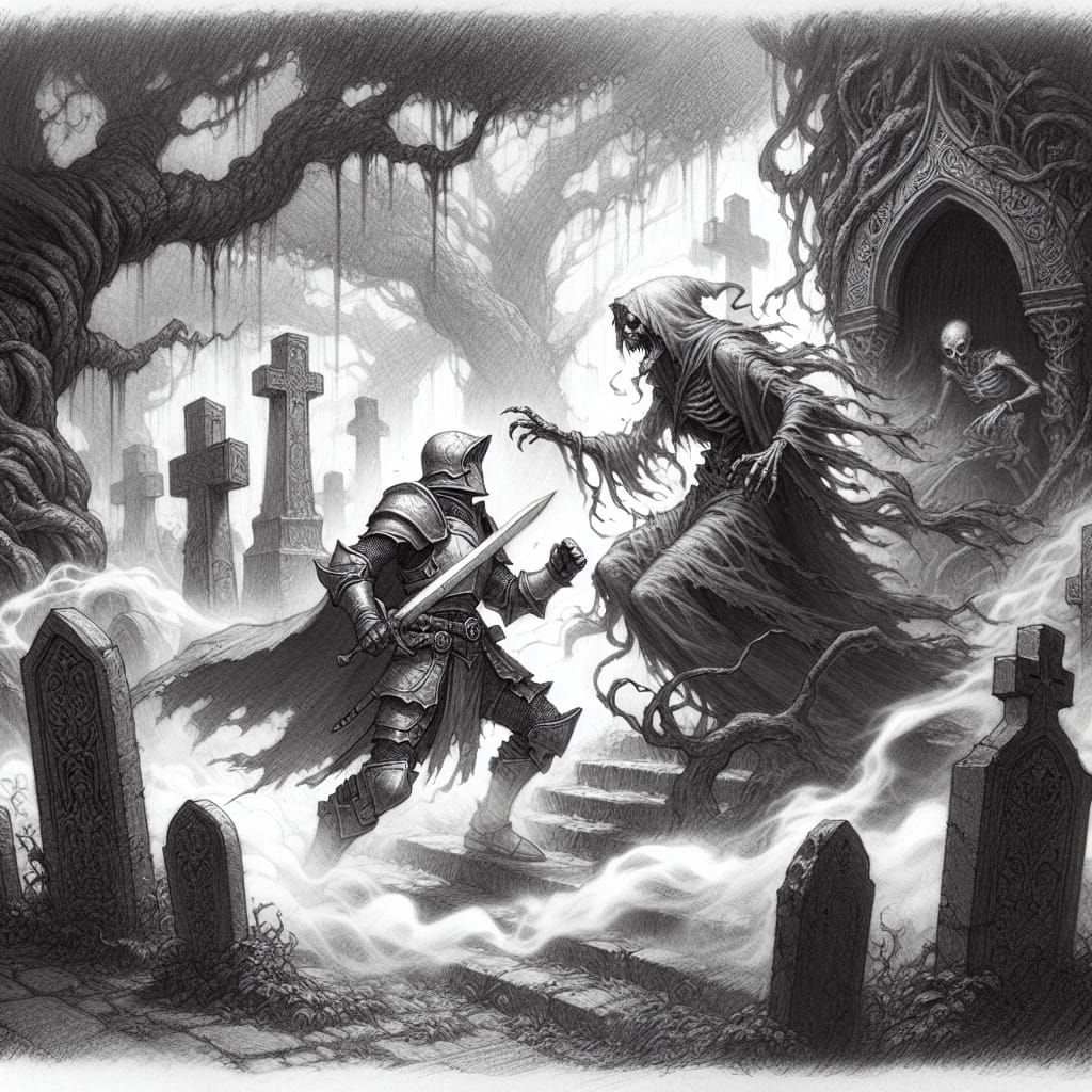 Paladin vs Wraith: Pencil Sketch Battle in Graveyard