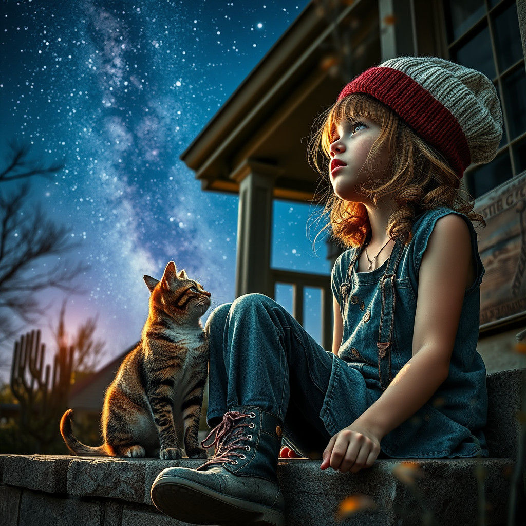 Punk Girl and Cat Gaze at Starry Sky