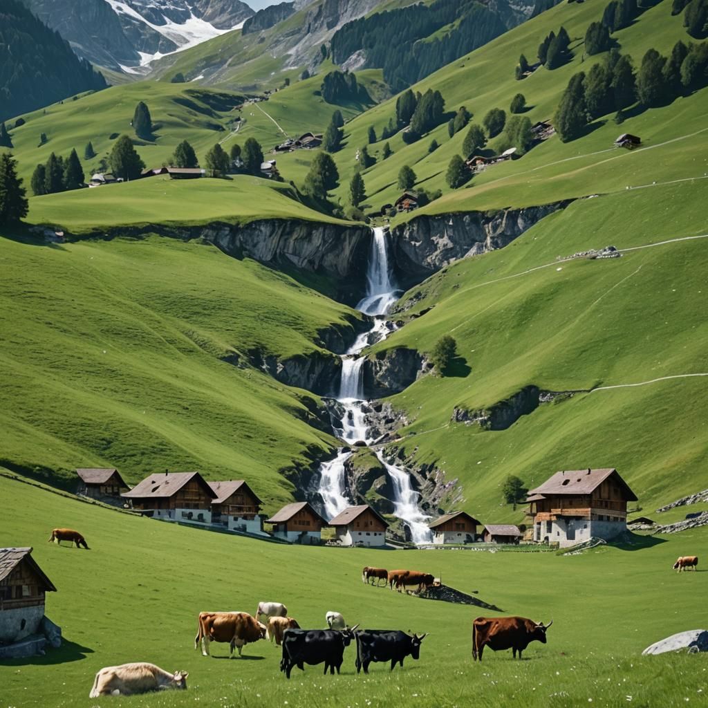 Swiss Alps Waterfall in Vivid Photorealism