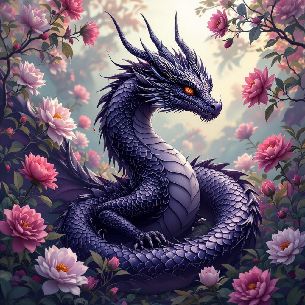 Intricate Purple Dragon Amidst Blooming Flowers