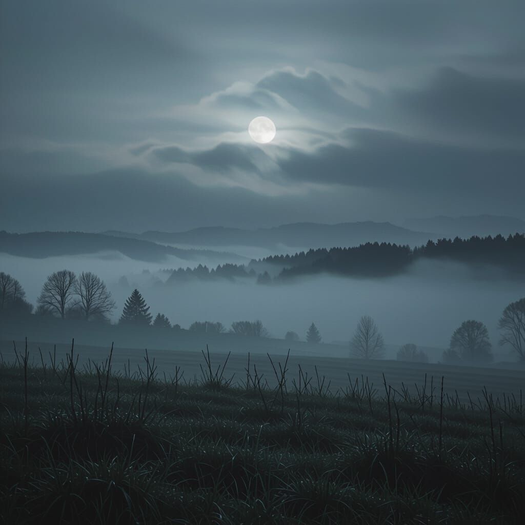 Eerie Foggy Landscape with Faint Moon and Shadows