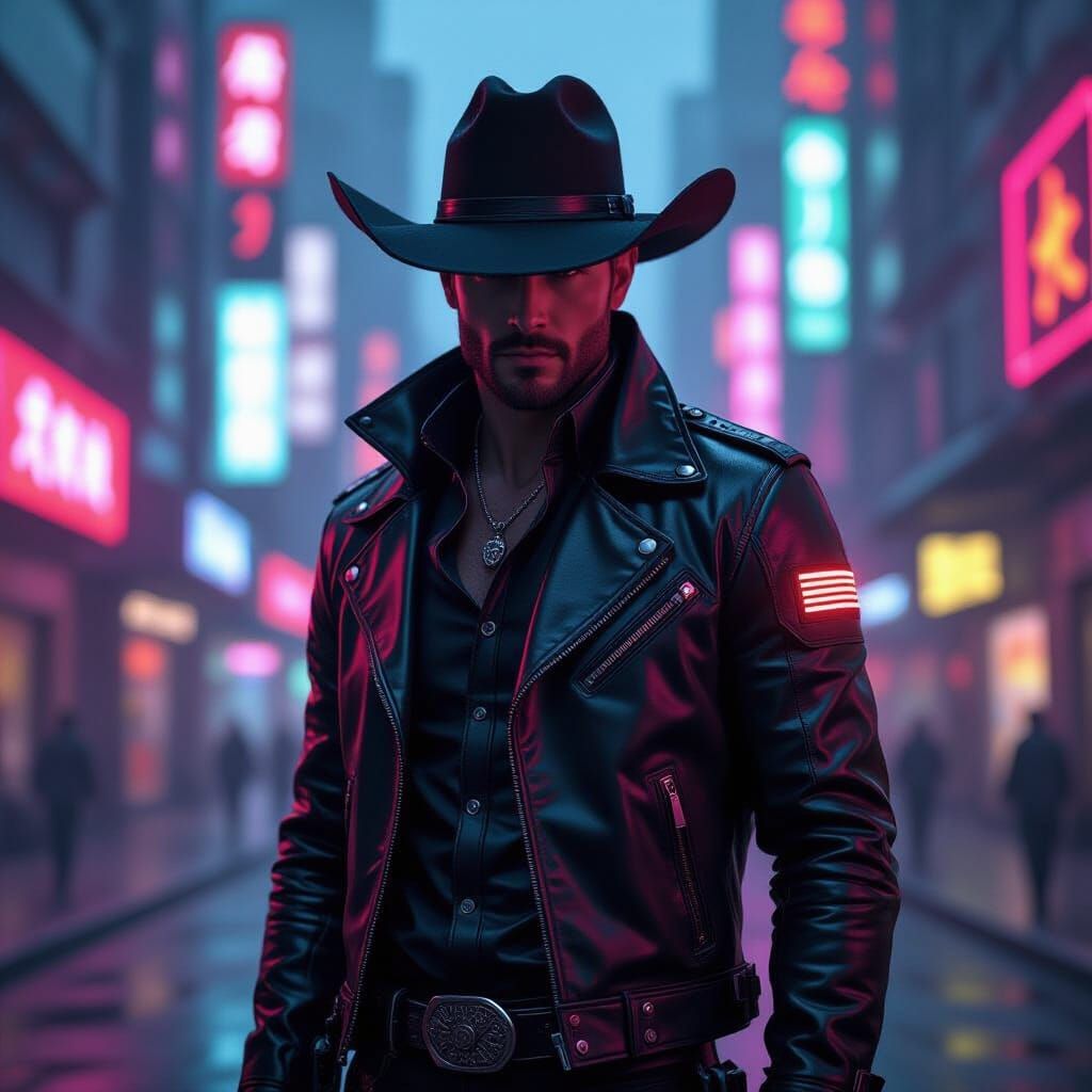 Cyberpunk Cowboy in Neon Cityscape
