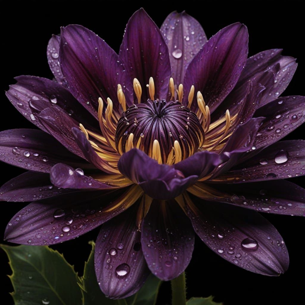 Surreal Purple Flower with Crystal Dewdrops and Light Explos...