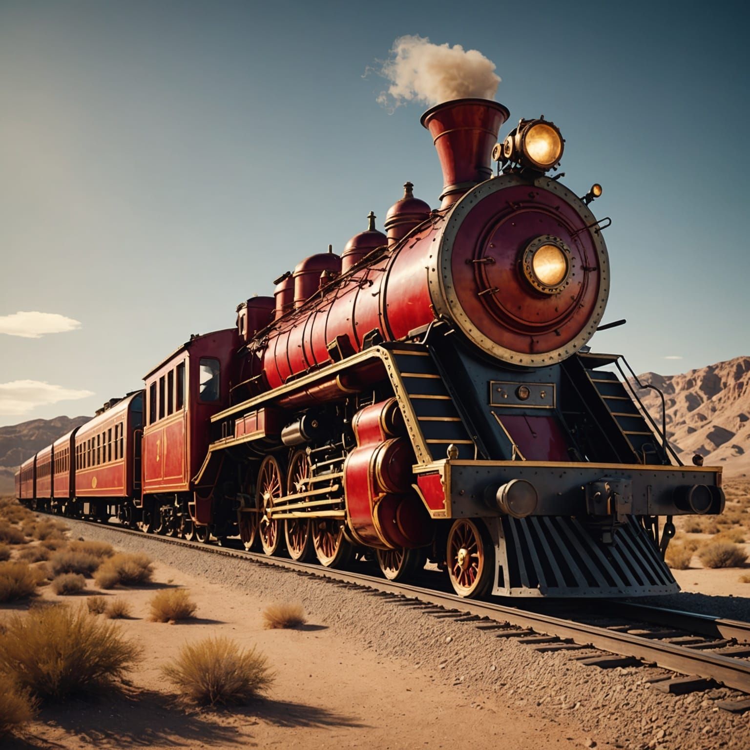 Steampunk Train Arriving at Desert Station in 8K