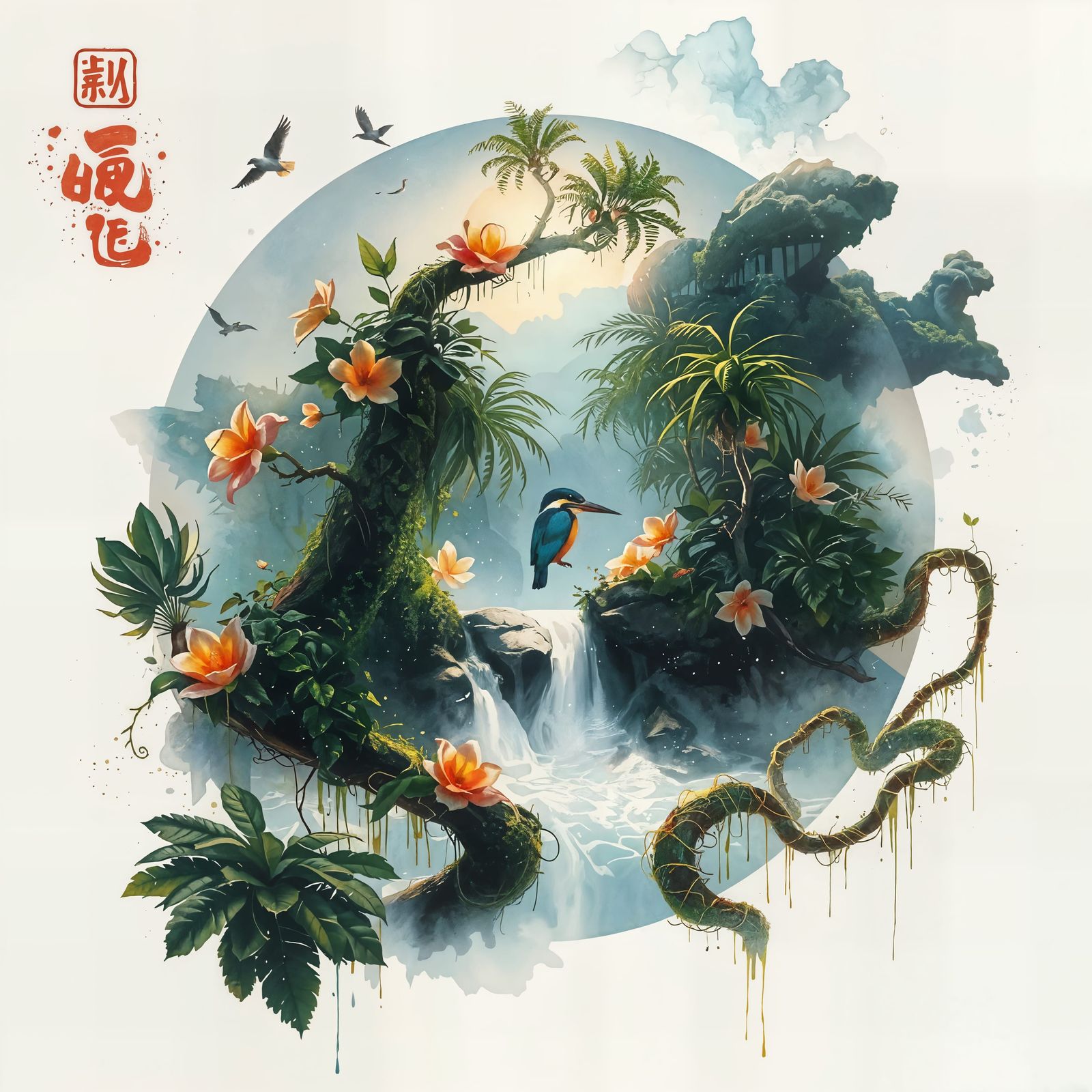 Surreal Tropical Paradise with Kingfisher in Harmony