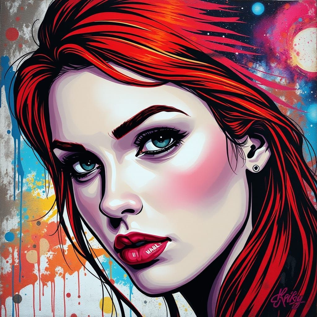 Redhead Woman With Galaxy Background in Graffiti Art Style