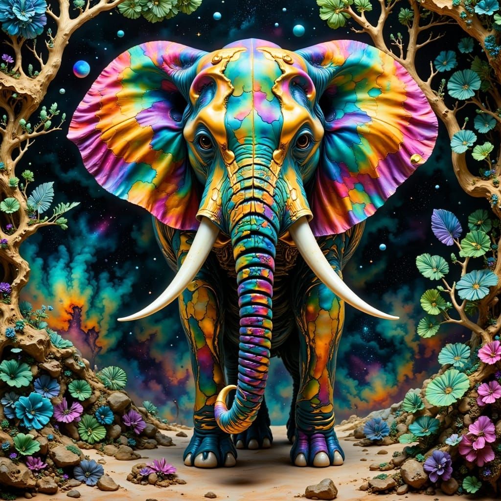 Psychedelic Elephant Masterpiece in Hyperrealist Line Art