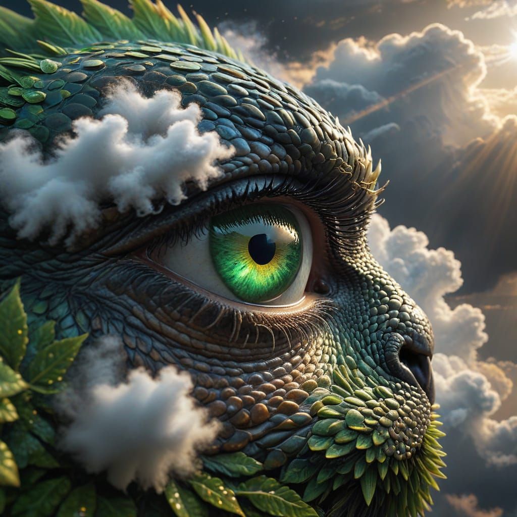Vibrant Green Eye Amidst Majestic Clouds in Photorealistic A...
