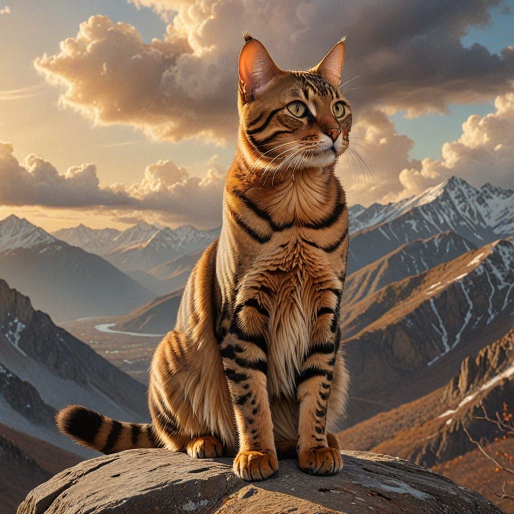 Bengal Cat on Snowy Peak: Oil Painting