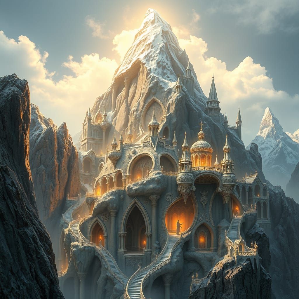 Ethereal Elf Metropolis in a Towering Mountain Crest