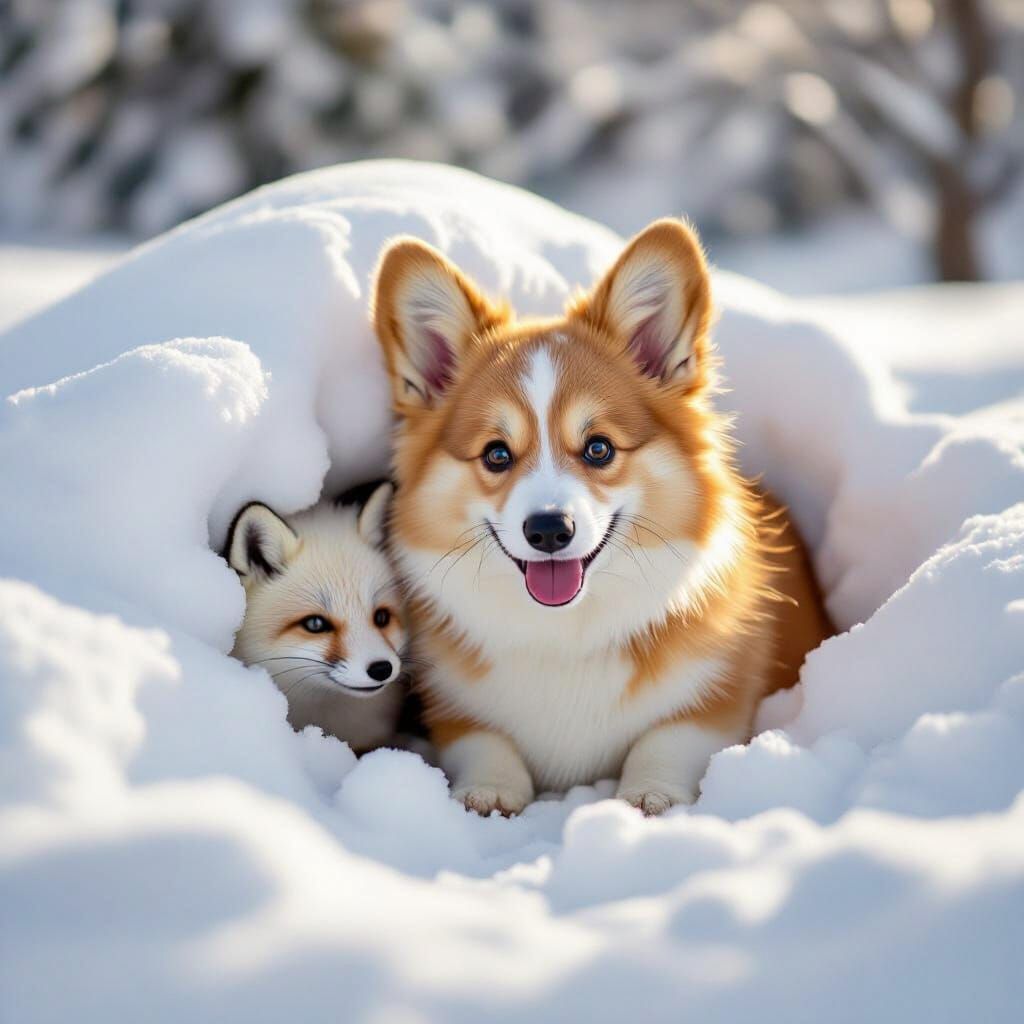 Cute Corgi and Baby Fox in Snow - Digital Illustration