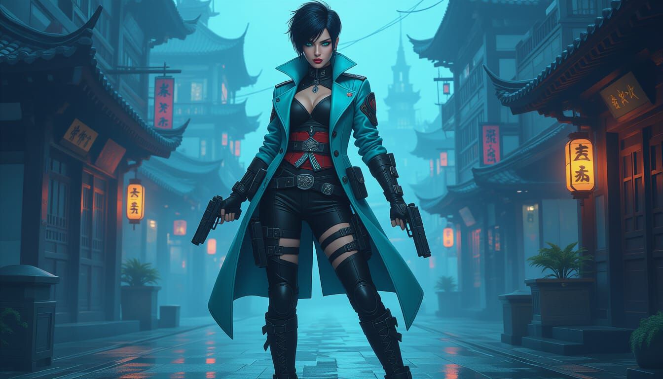 Cyberpunk Woman with Electric Blue Eyes in Anime Style