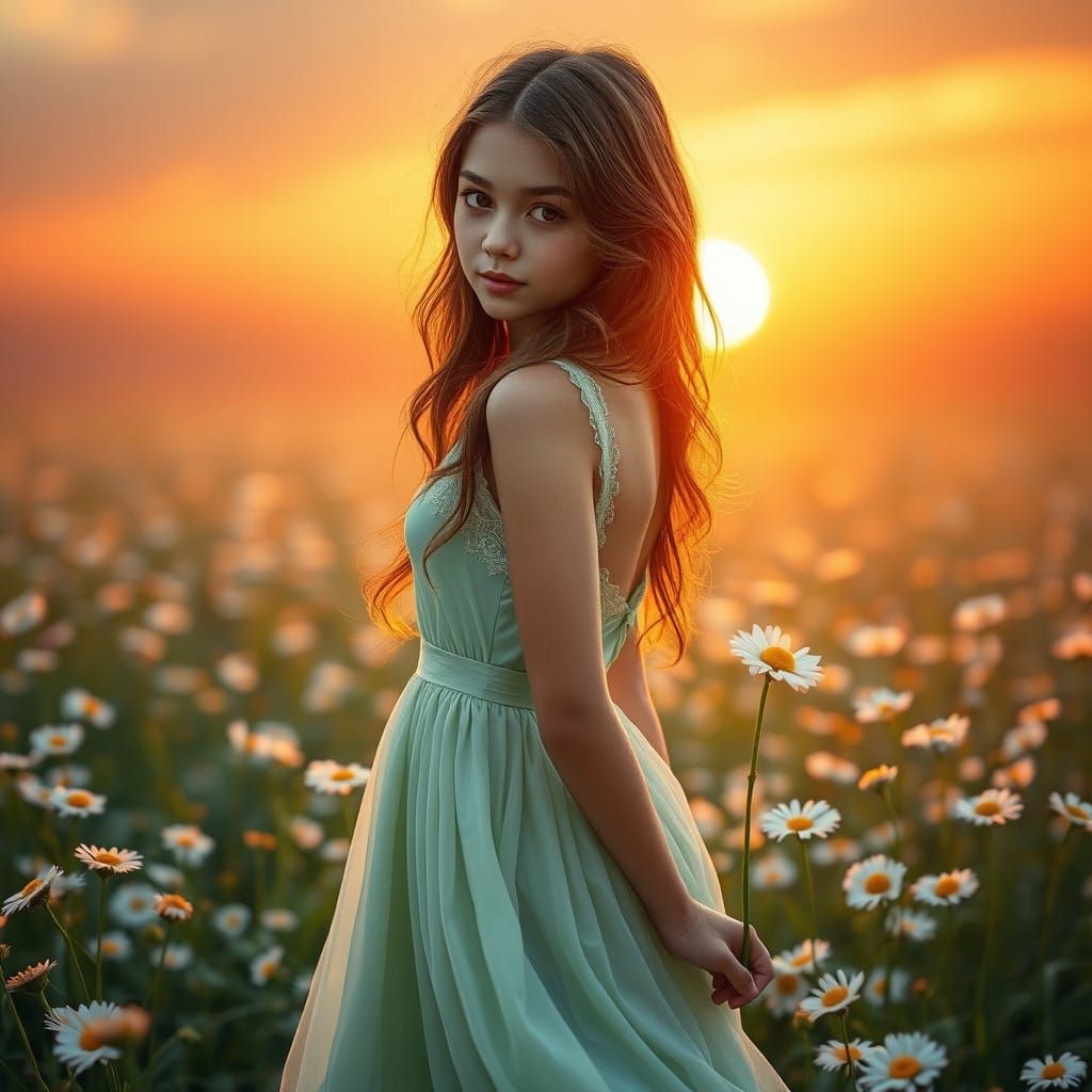 Serene Maiden in a Vibrant Meadow of Daisies, Rendered in Dr...