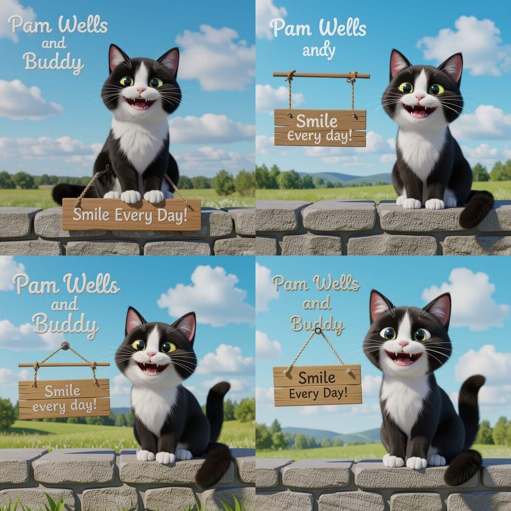 Cartoon Cat Grinning on Stone Wall in 3D