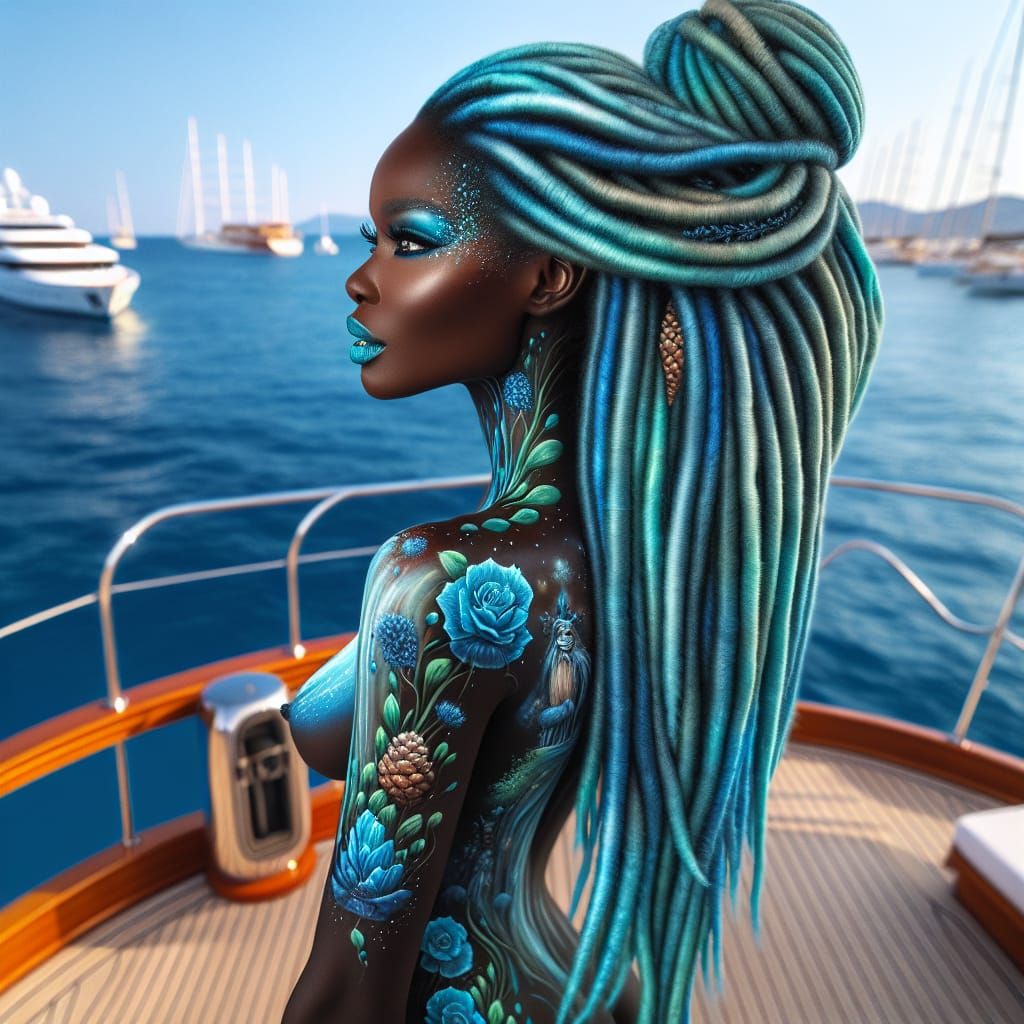 Vibrant Body Painting on Yacht with Aqua Dreadlocks