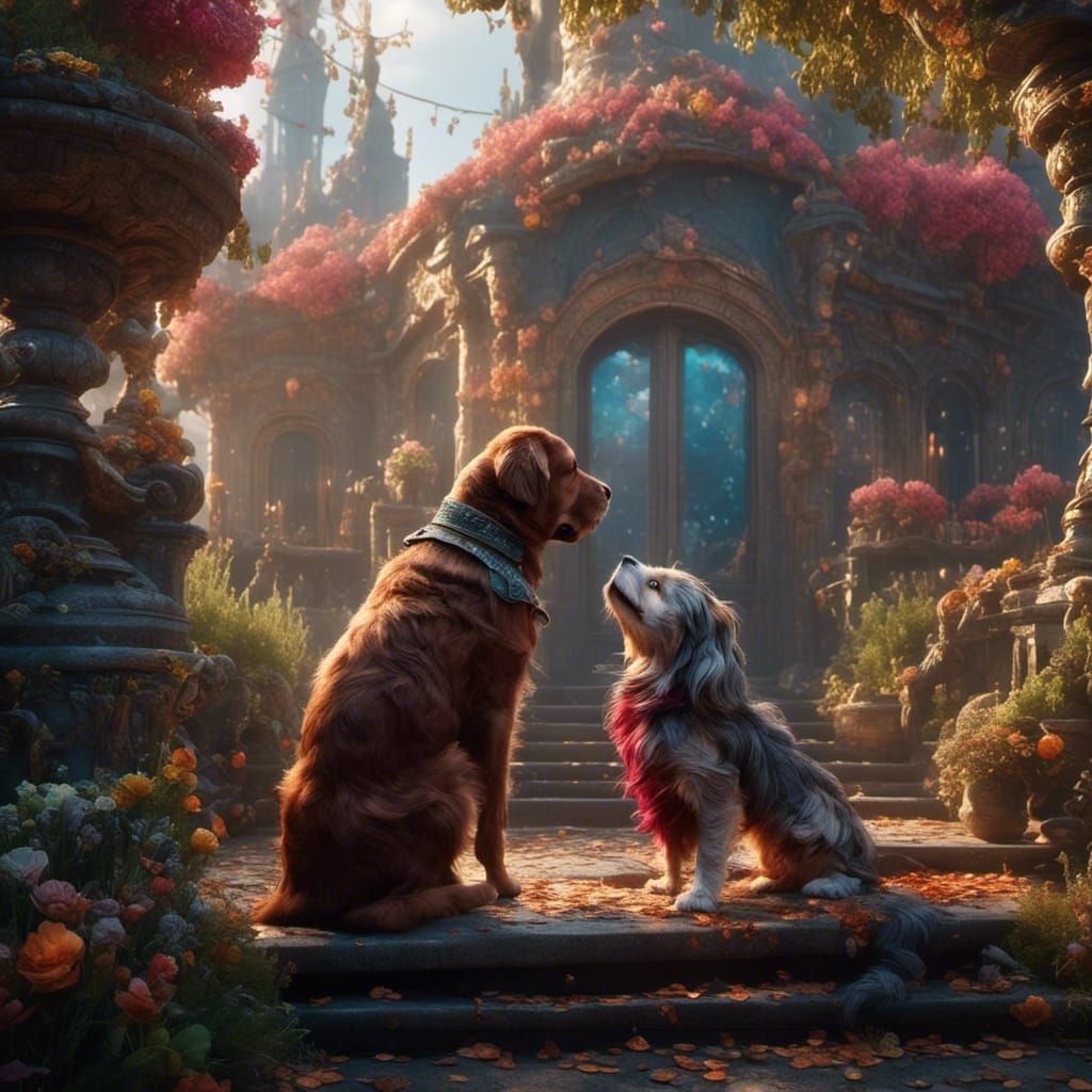 Fantastical Cat and Dog Kiss: Detailed Matte Painting