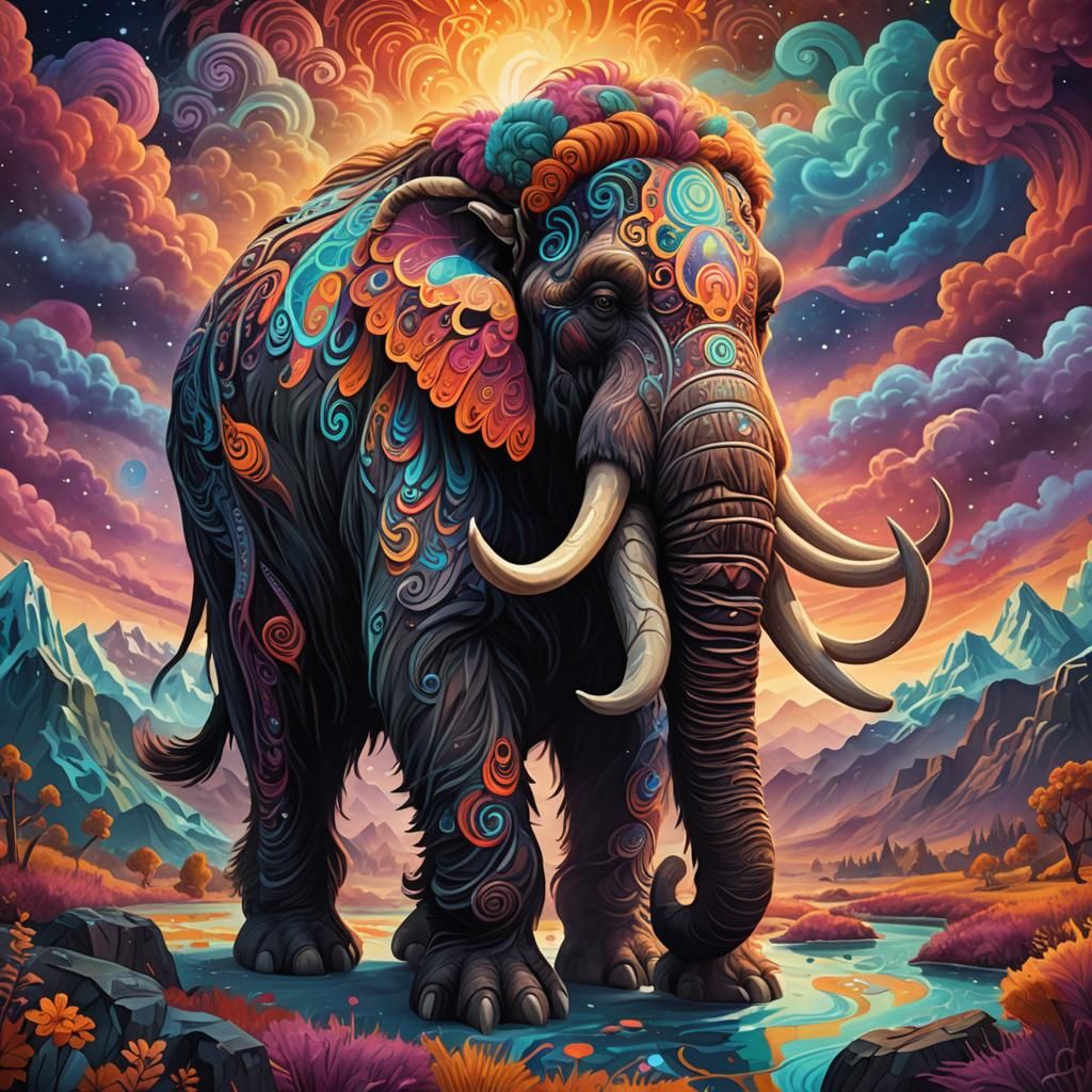 Psychedelic Mammoth in Surreal Landscape, Digital Painting
